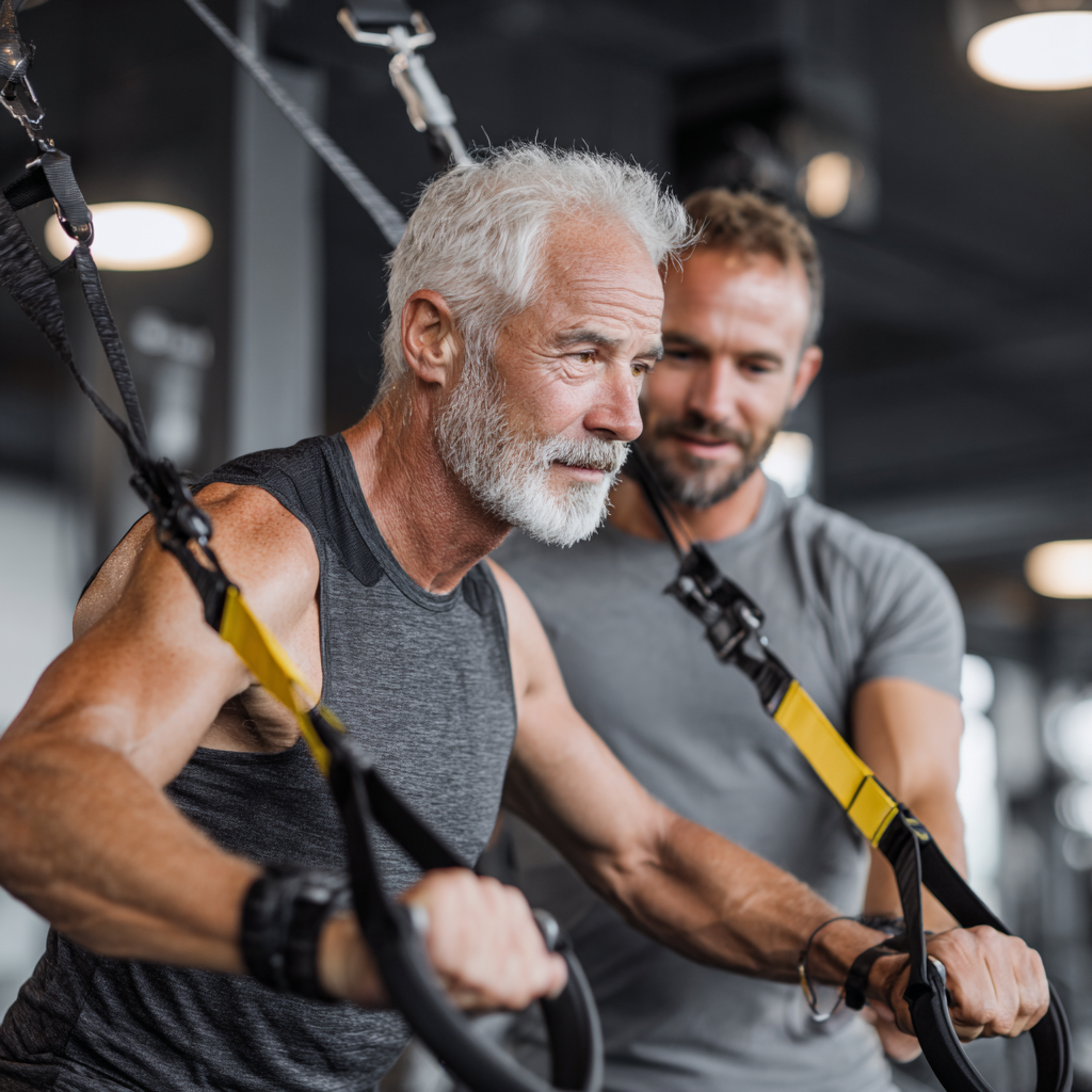Мъж на 58 години извършва упражнение с TRX система под наблюдението на професионален треньор в модерна фитнес зала