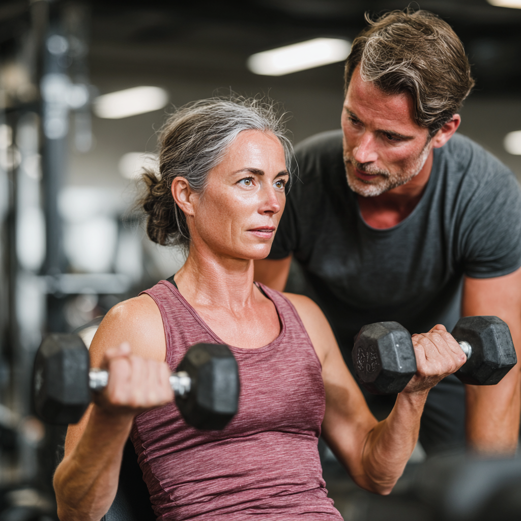Тренировка между двама - треньор на 35 години помага на жена на 52 години с правилното изпълнение на упражнение с гири
